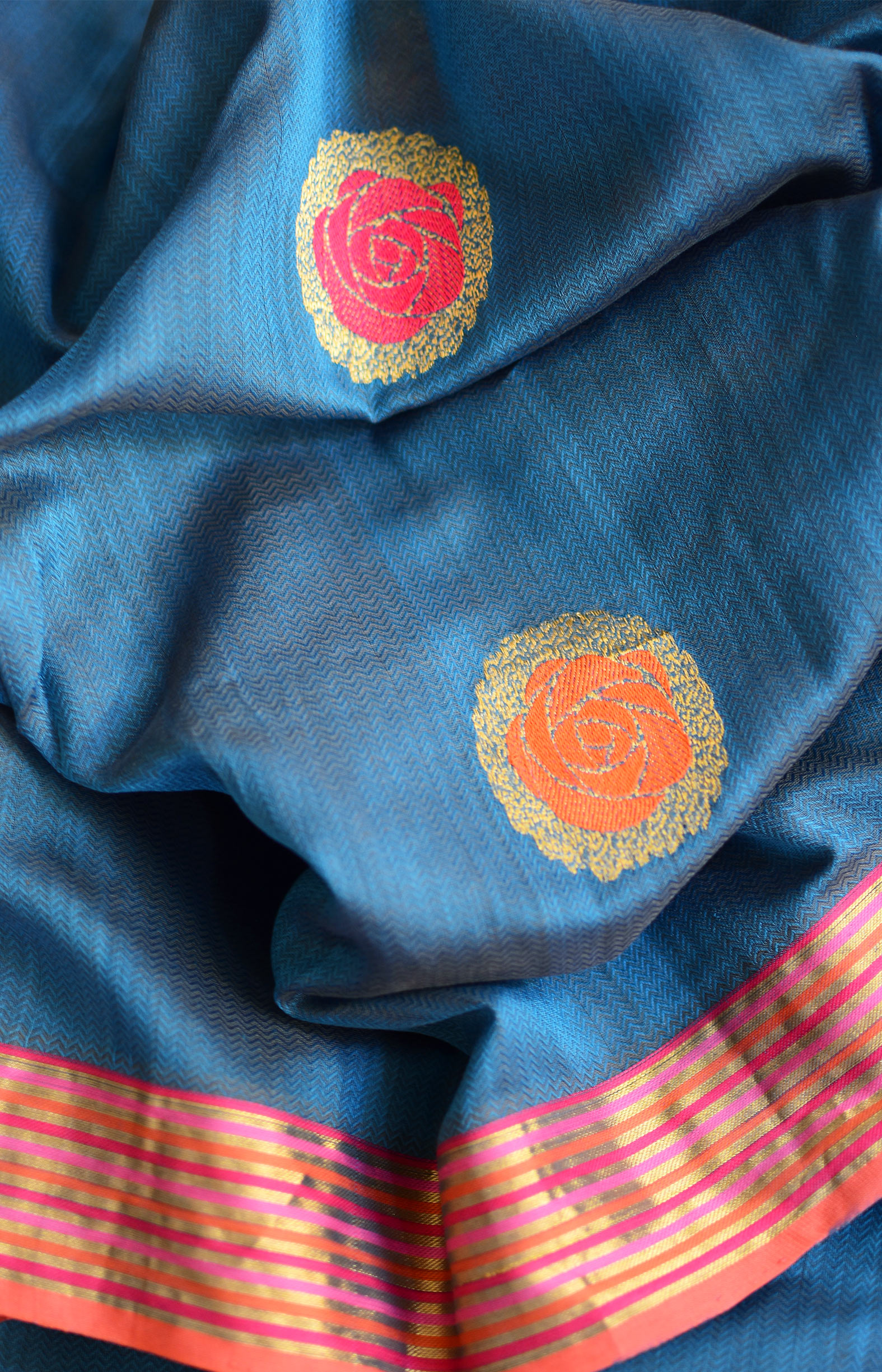 Greyish Blue, Handwoven Organic Cotton, Textured Weave , Jacquard, Festive Wear, Jari , Butta Saree